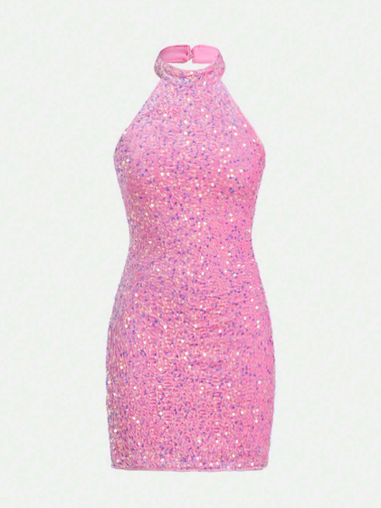 Vestido De Punto De Terciopelo Brillante Y Sin Espalda Estilo Halter Para Adolescente