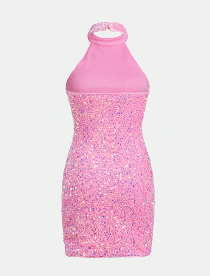 Vestido De Punto De Terciopelo Brillante Y Sin Espalda Estilo Halter Para Adolescente