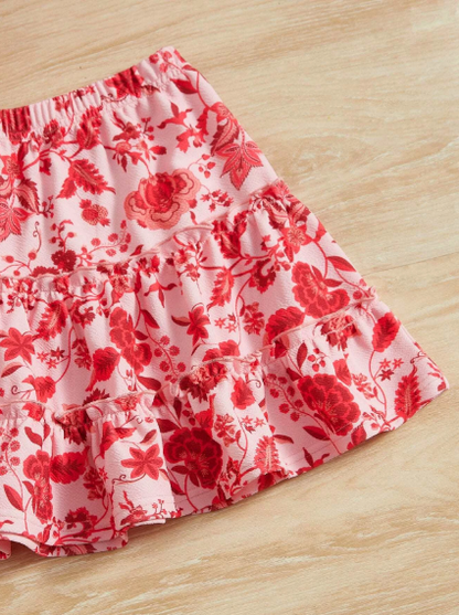 Conjunto Top De Un Solo Hombro Para Niña Preadolescente Con Diseño Floral Y Falda Con Ribete De Volantes