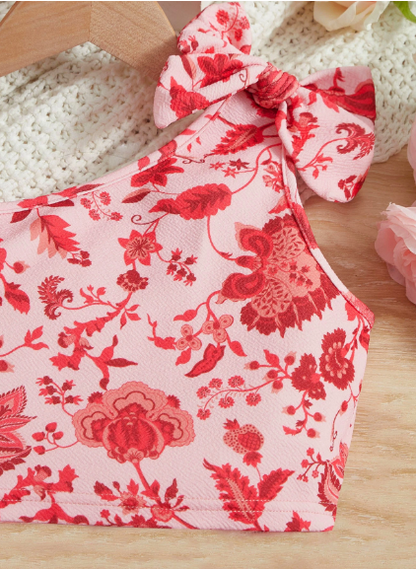 Conjunto Top De Un Solo Hombro Para Niña Preadolescente Con Diseño Floral Y Falda Con Ribete De Volantes