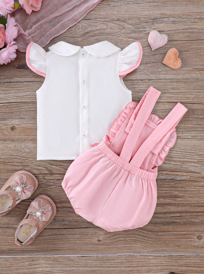 Conjunto De Top De Manga Corta Linda Con Cuello De Muñeca Y Pantalones Cortos De Verano Decorados lazos Para Niña