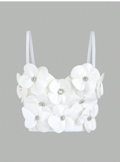 Top con aplique de flores y brillantes color blanco para mujer