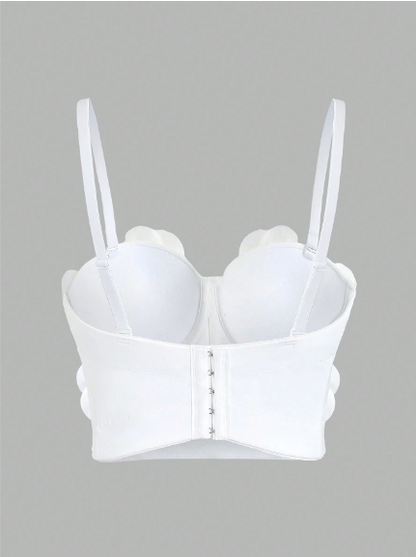 Top con aplique de flores y brillantes color blanco para mujer