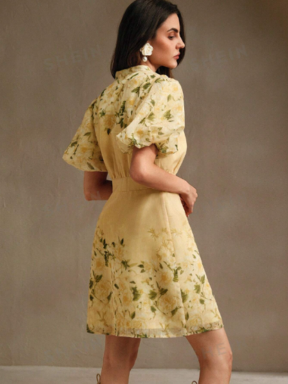 Vestido estampado mangas abullonadas para mujer