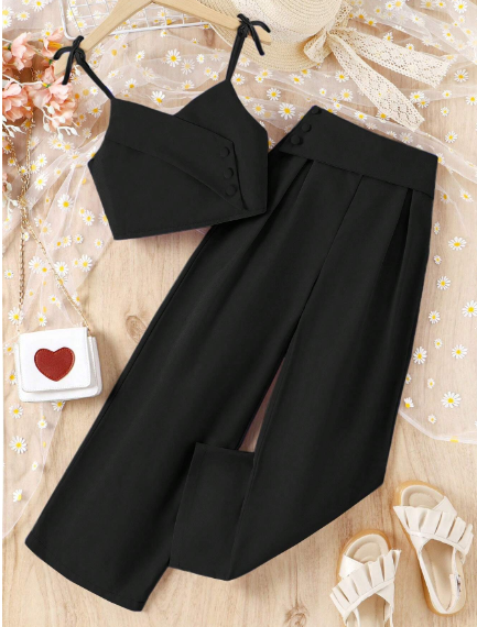 Conjunto de niña preadolescente con parte superior de tirantes y botones de unicolor y pantalón de pierna ancha