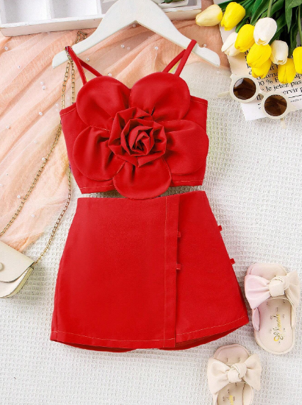 Conjunto de 2 piezas de top de tirantes y pantalones cortos de niña joven con estampado 3D de flores a la moda, para verano