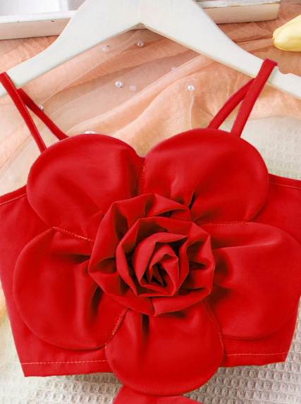 Conjunto de 2 piezas de top de tirantes y pantalones cortos de niña joven con estampado 3D de flores a la moda, para verano