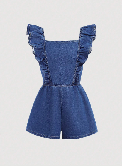Enterizo de espalda descubierta con boloros y lazada en jeans para niñas preadolescentes