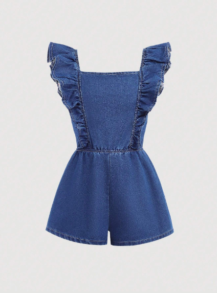 Enterizo de espalda descubierta con boloros y lazada en jeans para niñas preadolescentes