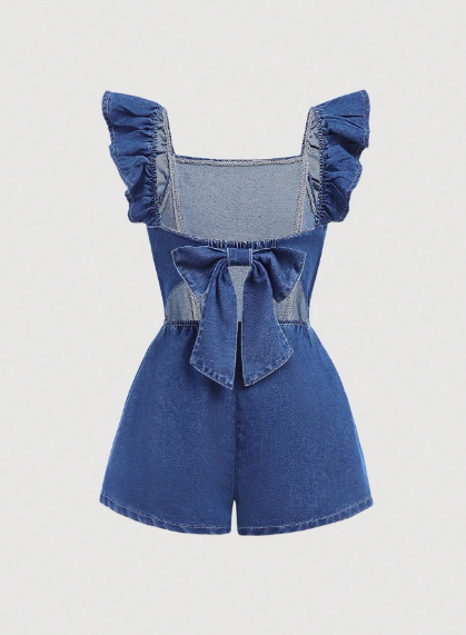 Enterizo de espalda descubierta con boloros y lazada en jeans para niñas preadolescentes