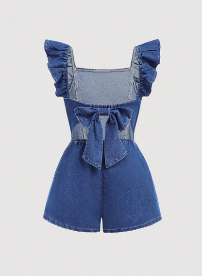 Enterizo de espalda descubierta con boloros y lazada en jeans para niñas preadolescentes