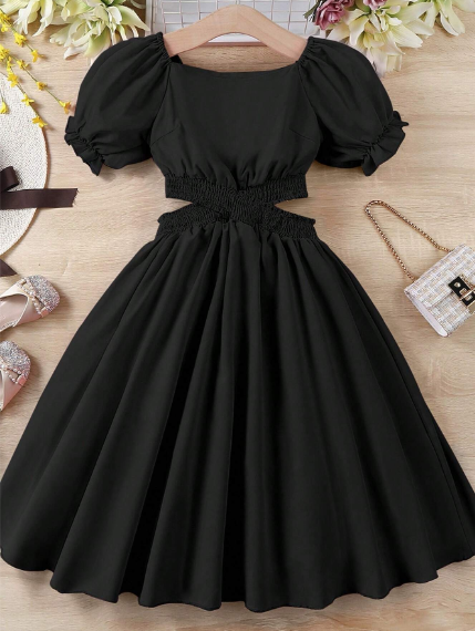 Vestido de verano para adolescente con cuello cuadrado de unicolor, mangas cortas abullonadas, cintura con calado y perfecto para unas vacaciones