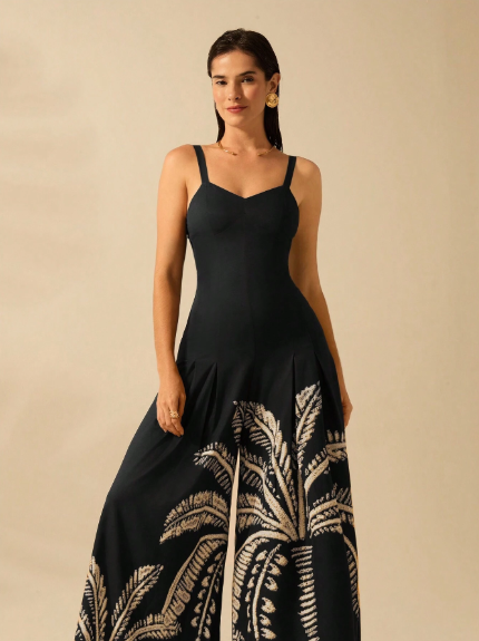Enterizo bota ancha estampado negro de mujer