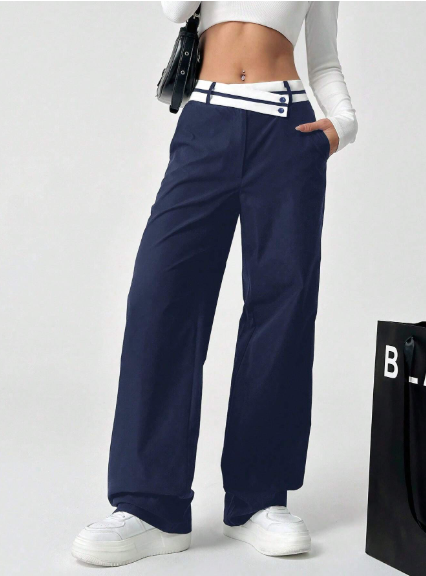 Pantalón recto para mujer con cintura asimétrica y bolsillos