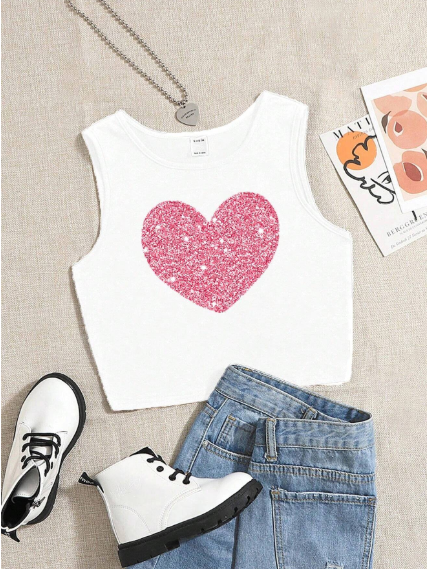 Top cuello redondo corazón estampado para niña
