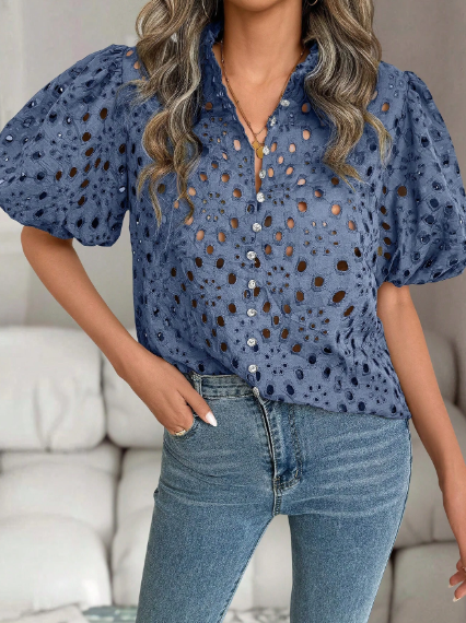 Camisa manga abullonada en ojalillo para mujer