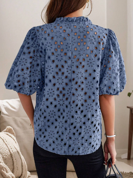 Camisa manga abullonada en ojalillo para mujer