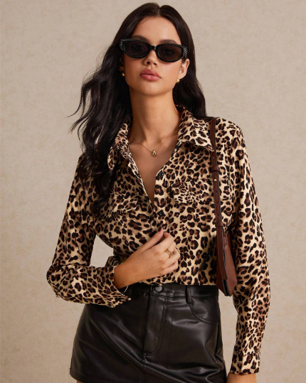 Camisa Manga Larga con detalles de Solapa estampado Animal Print para mujer