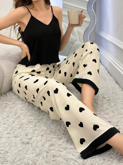 Conjunto de pijama blusa cuello en V y pantalones estampados para Dama