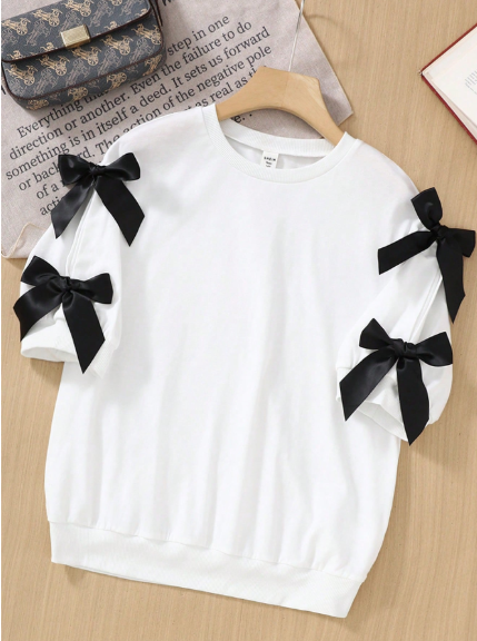 Camiseta de manga media con cuello redondo holgada de punto blanca con decoración de lazo para adolescentes