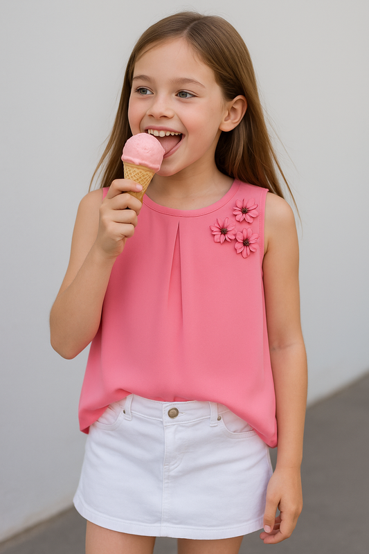 Blusa Sin Mangas Losan para Niña con Flores Aplicadas – Rosa