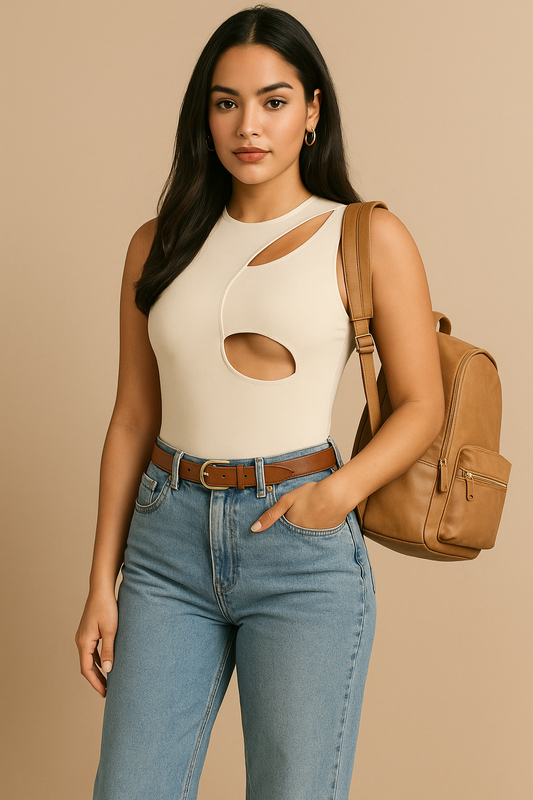Body de una pieza ajustado y sexy con escote calado, sin mangas, color albaricoque para mujer