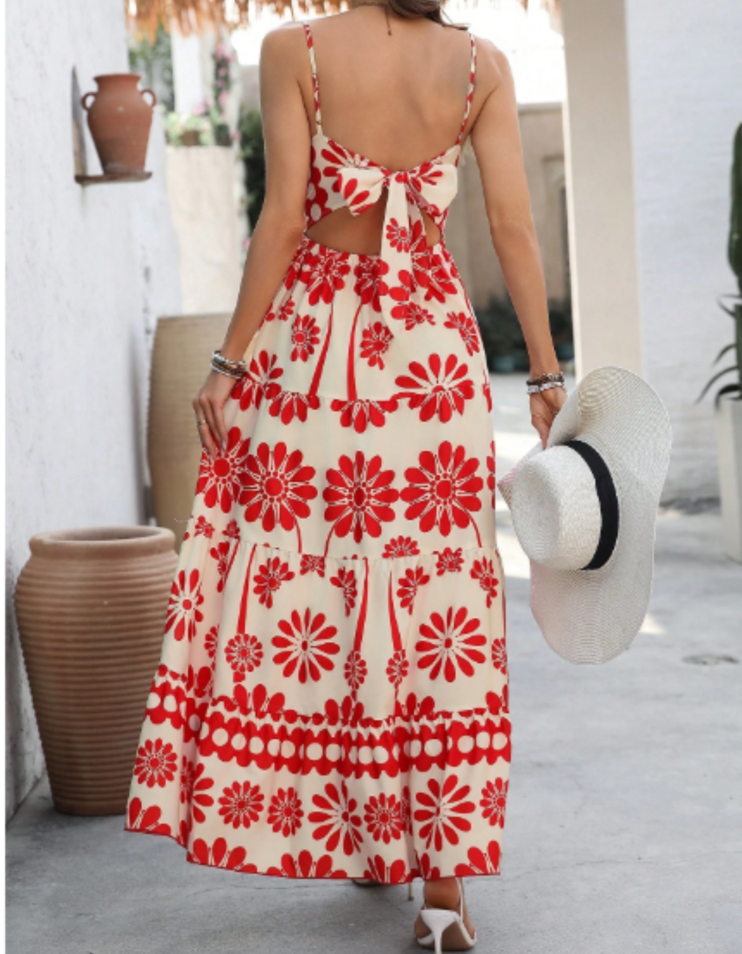 Vestido estampado floral rojo con tiras gruesas para mujer