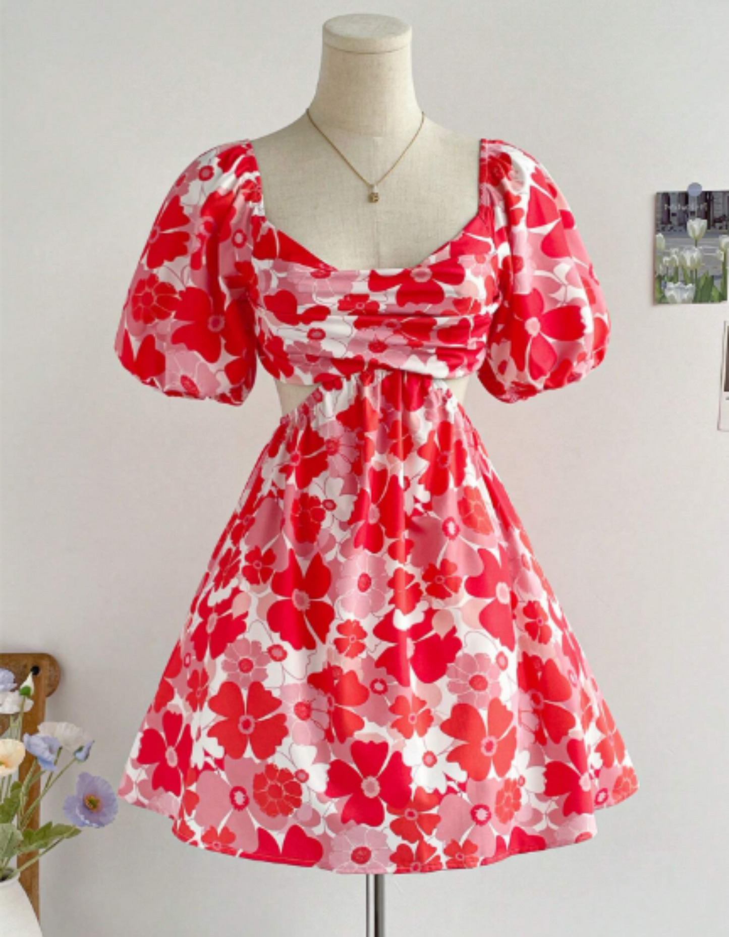 Vestido A-Line corto de manga abullonada con estampado floral  para mujer con espalda descubierta