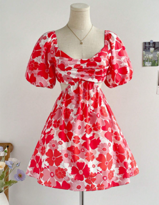 Vestido A-Line corto de manga abullonada con estampado floral  para mujer con espalda descubierta