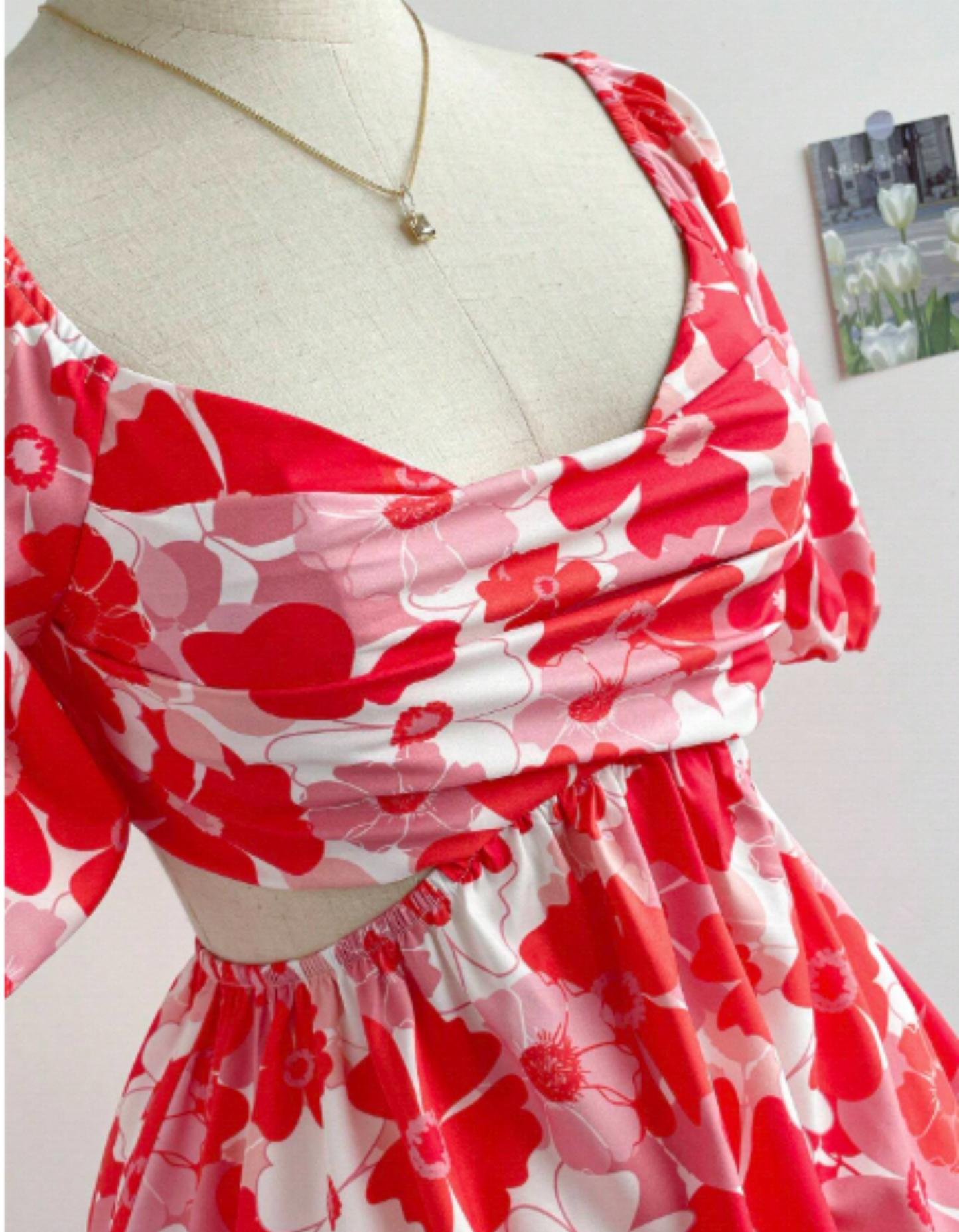 Vestido A-Line corto de manga abullonada con estampado floral  para mujer con espalda descubierta
