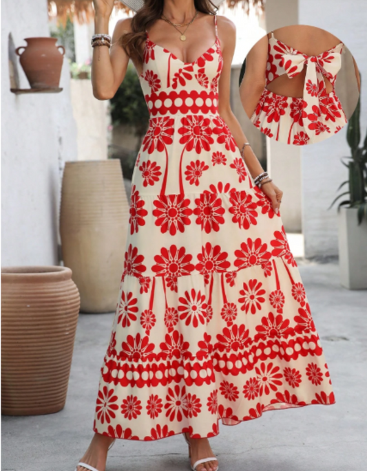 Vestido estampado floral rojo con tiras gruesas para mujer