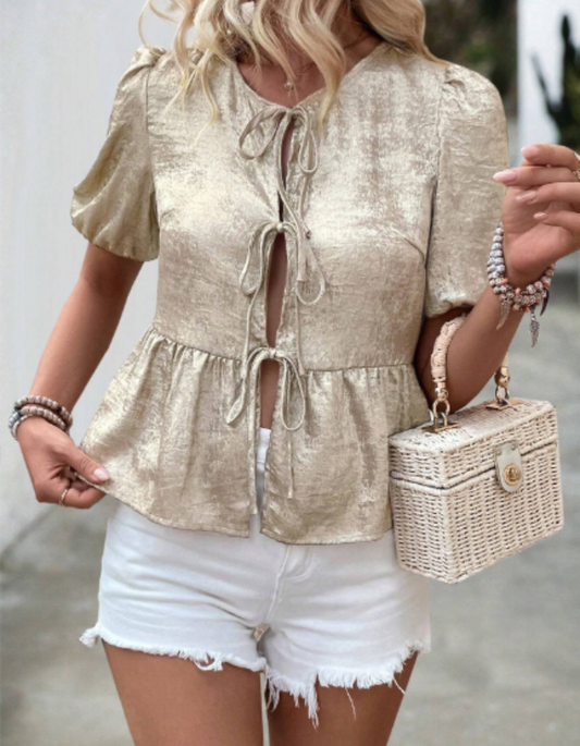 Blusa para mujer con textura metalizada con lazos frontales para mujer
