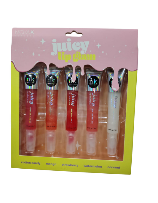 Set de Brillos Labiales Nicka K Juicy Lip Glam – 5 Sabores Frutales
