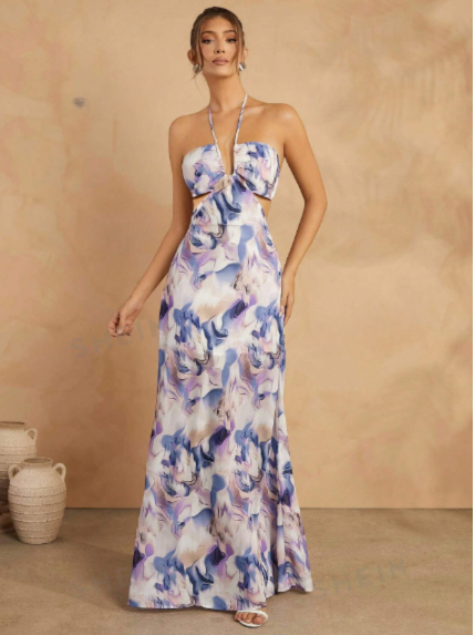 Vestido casual sin mangas con estampado total, cuello halter y espalda descubierta  para mujer