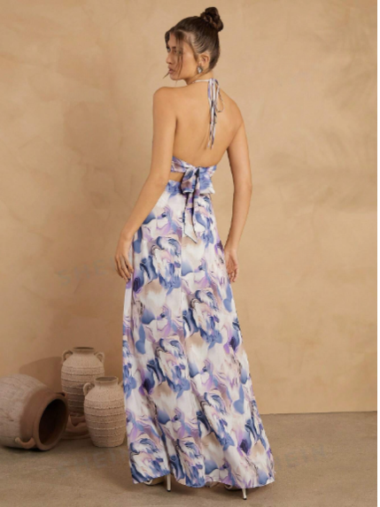 Vestido casual sin mangas con estampado total, cuello halter y espalda descubierta  para mujer