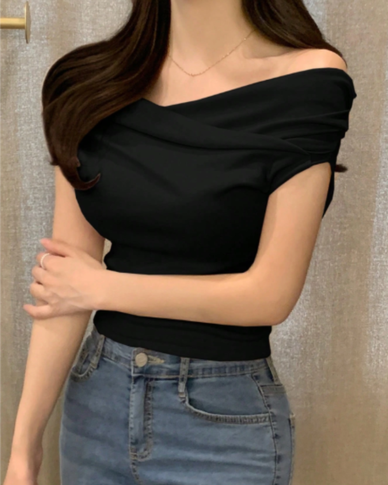 Blusa Negra Elegante con Hombros Caídos y Escote Cruzado para mujer