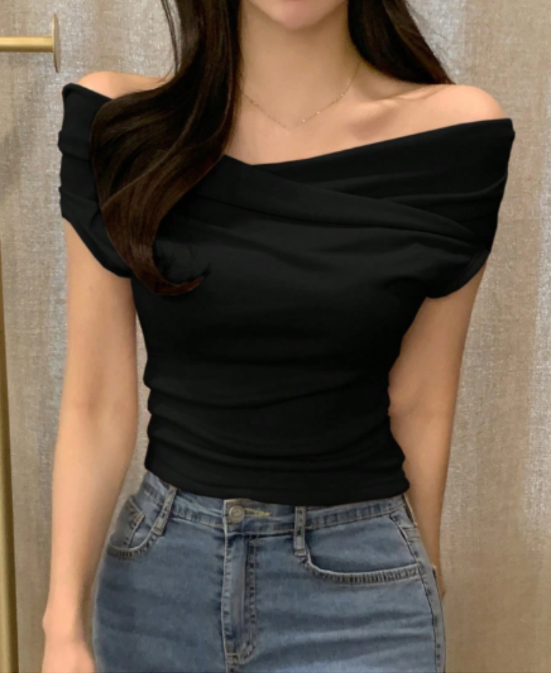 Blusa Negra Elegante con Hombros Caídos y Escote Cruzado para mujer