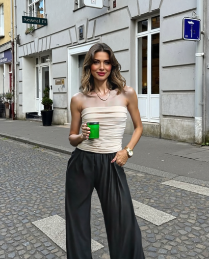 Top sin tirantes con pliegues para mujer, de color albaricoque elegante urbano, versátil de moda