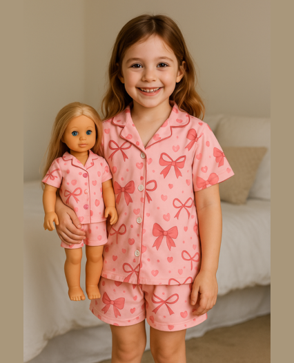 Pijama de 2 piezas para niñas, top de manga corta con estampado de lazo rosa elegante y shorts