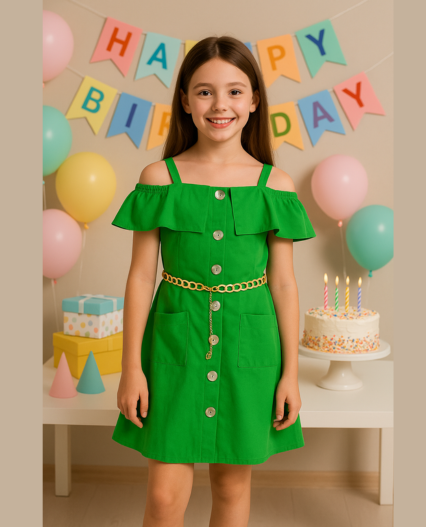 Vestido de niña con hombros descubiertos y cinturón decorativo