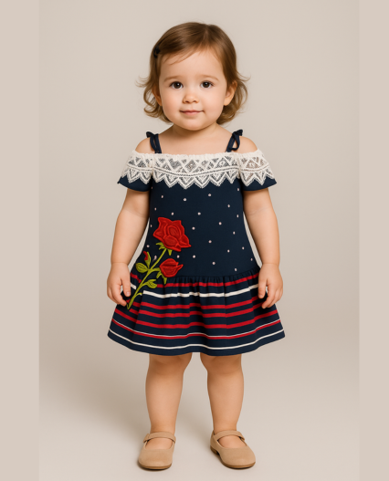 Vestido Azul Marino Infantil con Encaje Blanco y Bordado de Rosas para niña