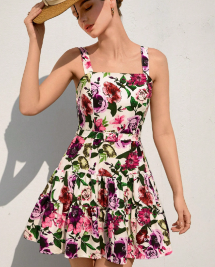 Vestido camisero con volantes y estampado floral delicado que realza la cintura para mujer