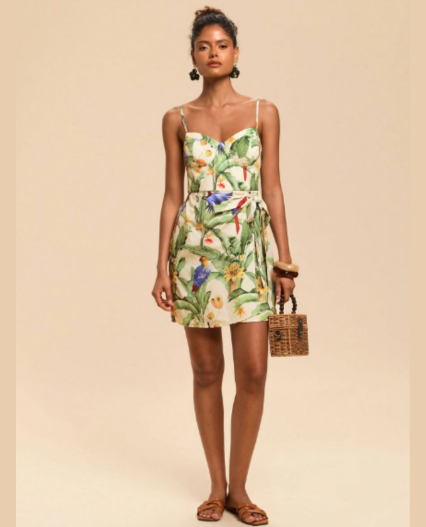 Vestido mini de verano con efecto envolvente y estampado tropical con lazada