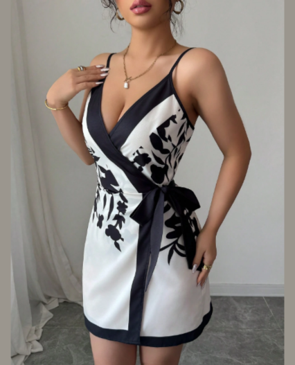 Vestido corto de mujer con estampado, escote en V y frente envolvente, sexy y elegante
