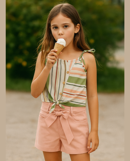 Conjunto de niña con blusa de tiras a rayas y short durazno con lazo