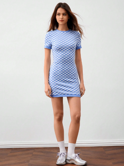 Vestido entallado de manga corta a cuadros azul y blanco forever21 para mujer