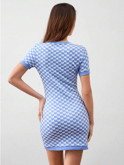 Vestido entallado de manga corta a cuadros azul y blanco forever21 para mujer