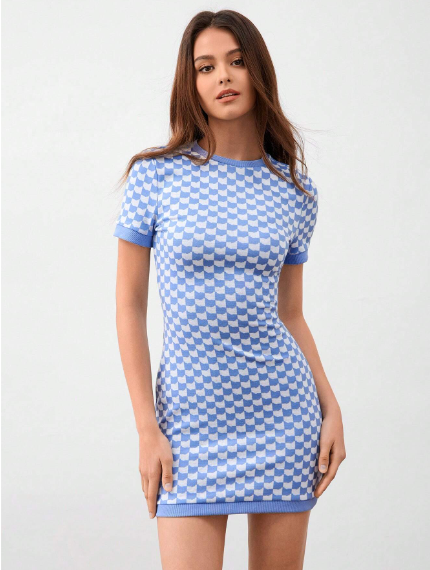 Vestido entallado de manga corta a cuadros azul y blanco forever21 para mujer