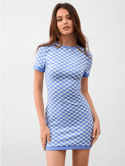 Vestido entallado de manga corta a cuadros azul y blanco forever21 para mujer