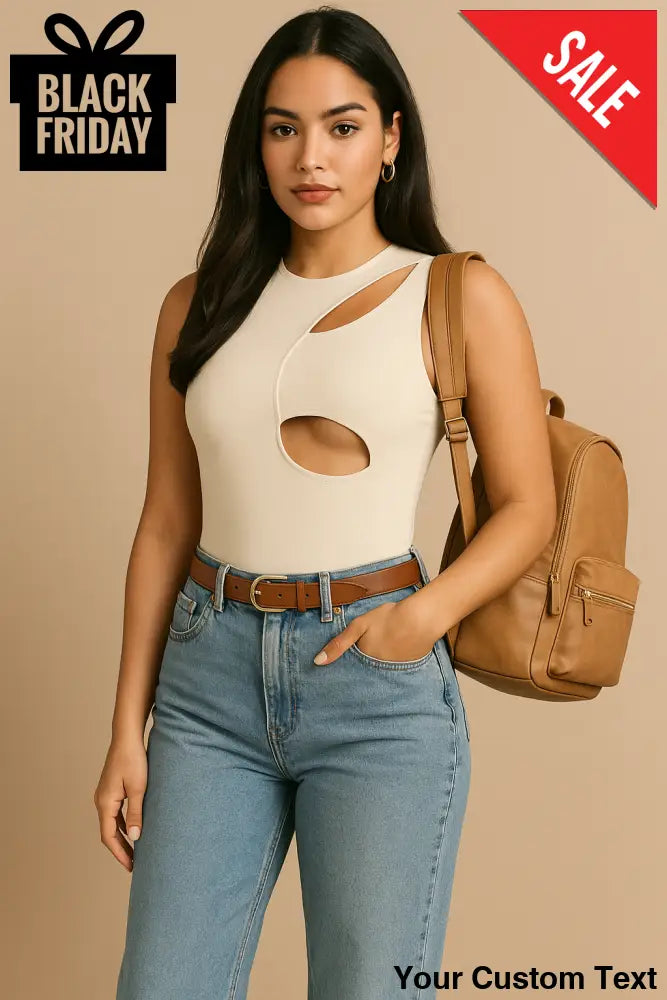 Body de una pieza ajustado y sexy con escote calado sin mangas color albaricoque para mujer Blusa